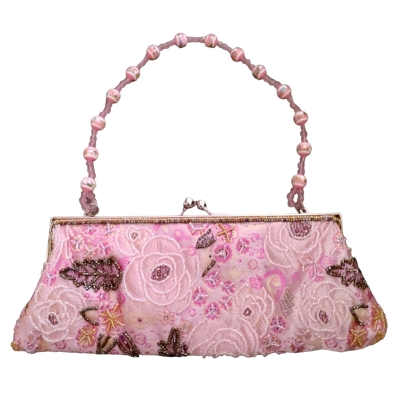 Handbags - Vintage Style Pink Beaded Sequin Evening Clutch/Handbag w/Floral Design